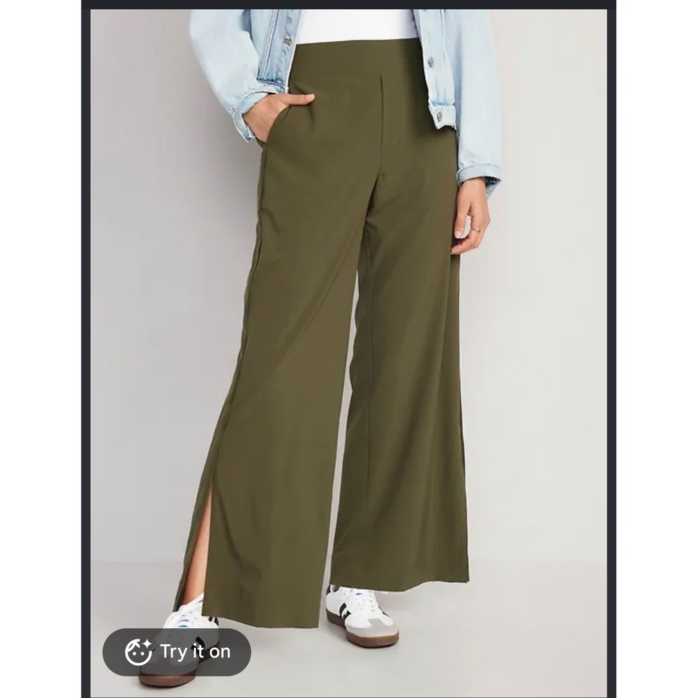 Old Navy StretchTech High Waisted Wide Leg Pants Olive Green Large Side Slit